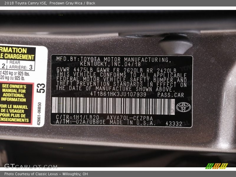 2018 Camry XSE Predawn Gray Mica Color Code 1H1