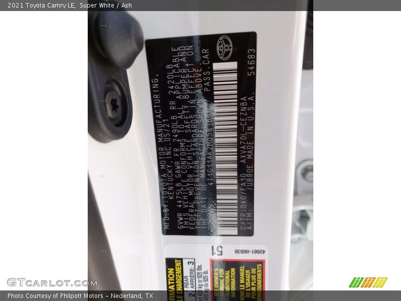 Super White / Ash 2021 Toyota Camry LE