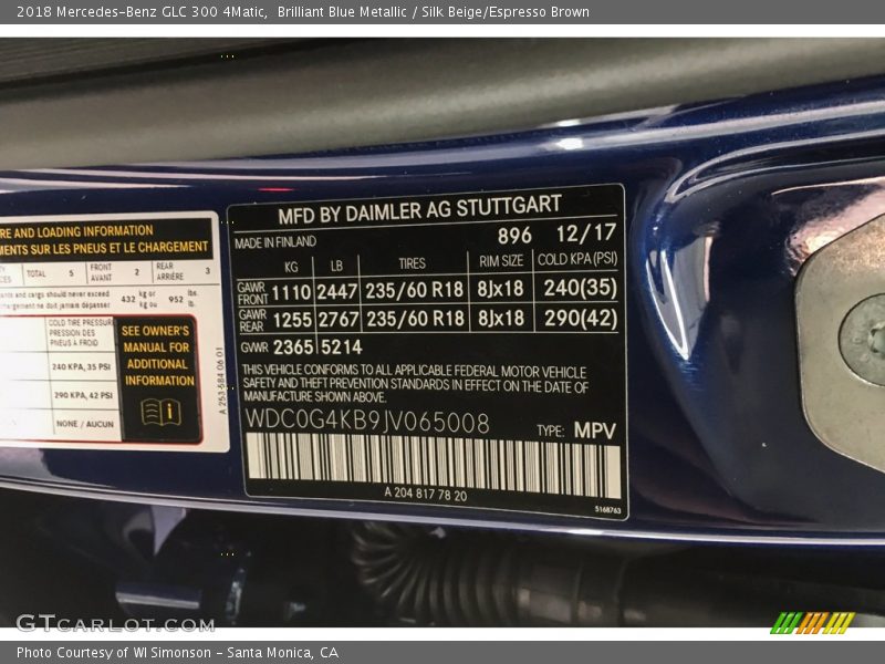 Brilliant Blue Metallic / Silk Beige/Espresso Brown 2018 Mercedes-Benz GLC 300 4Matic