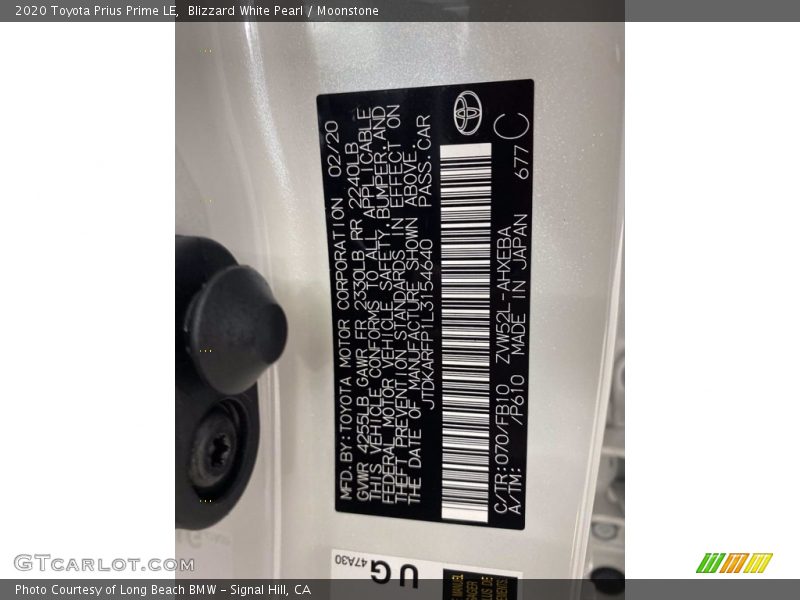 2020 Prius Prime LE Blizzard White Pearl Color Code 070