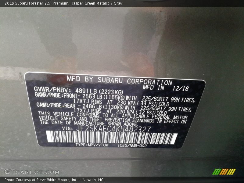 Jasper Green Metallic / Gray 2019 Subaru Forester 2.5i Premium