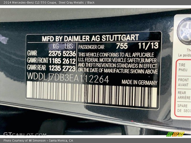 2014 CLS 550 Coupe Steel Gray Metallic Color Code 755
