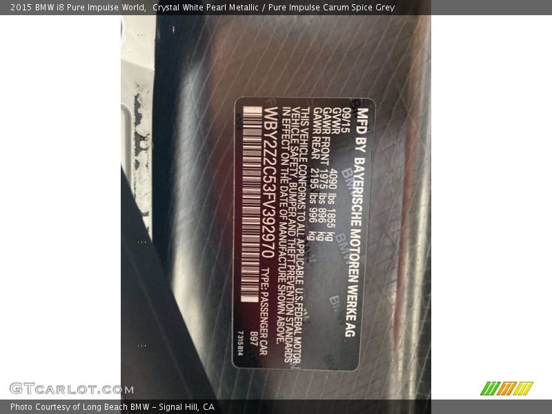 Crystal White Pearl Metallic / Pure Impulse Carum Spice Grey 2015 BMW i8 Pure Impulse World