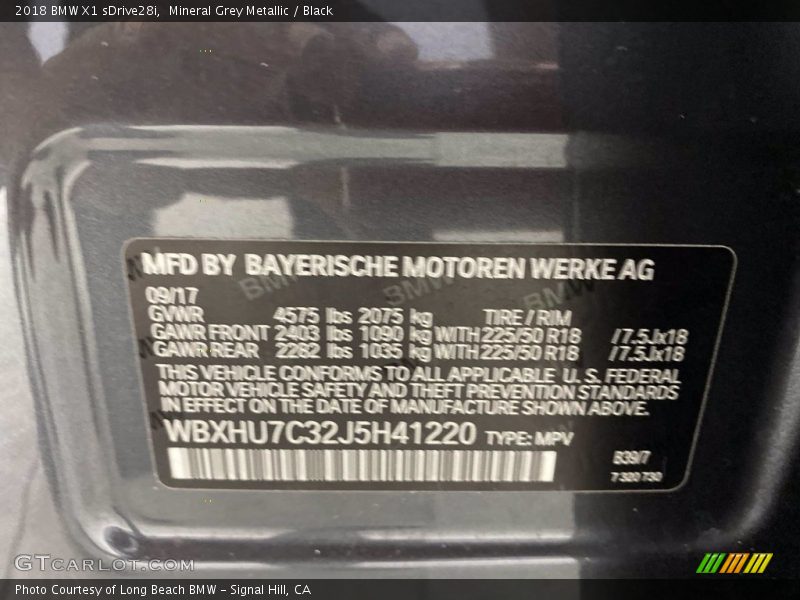 Mineral Grey Metallic / Black 2018 BMW X1 sDrive28i