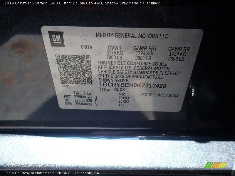 Shadow Gray Metallic / Jet Black 2019 Chevrolet Silverado 1500 Custom Double Cab 4WD