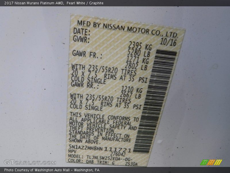 Pearl White / Graphite 2017 Nissan Murano Platinum AWD
