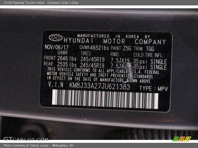 2018 Tucson Value Coliseum Gray Color Code Z5G