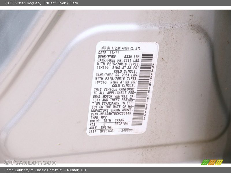 Brilliant Silver / Black 2012 Nissan Rogue S