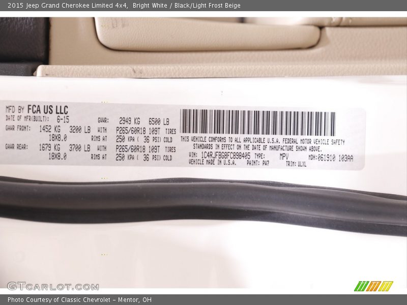 Bright White / Black/Light Frost Beige 2015 Jeep Grand Cherokee Limited 4x4