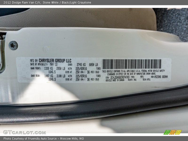 Stone White / Black/Light Graystone 2012 Dodge Ram Van C/V