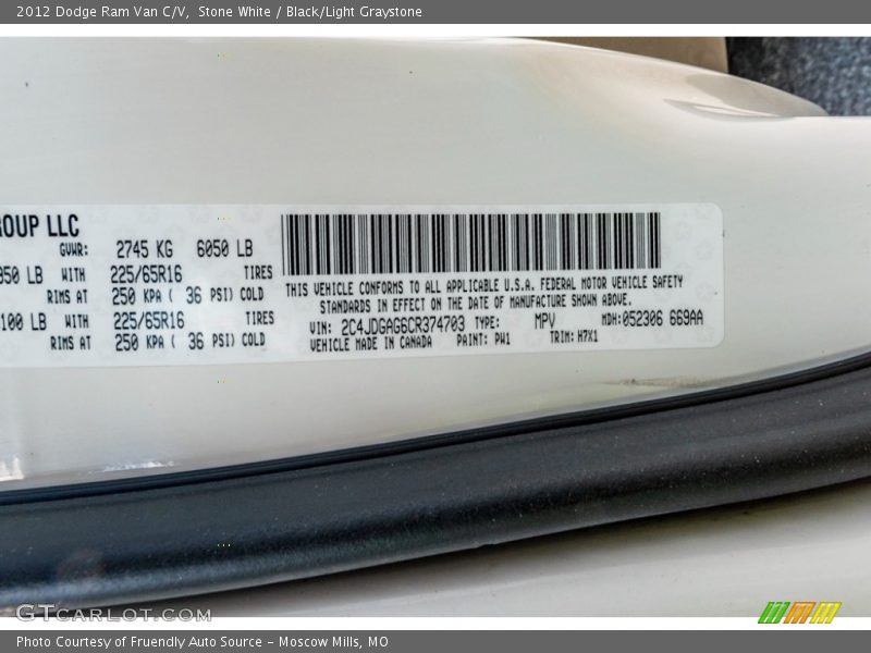 2012 Ram Van C/V Stone White Color Code PW1