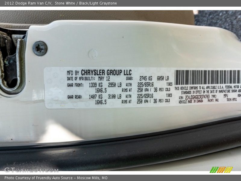 Stone White / Black/Light Graystone 2012 Dodge Ram Van C/V