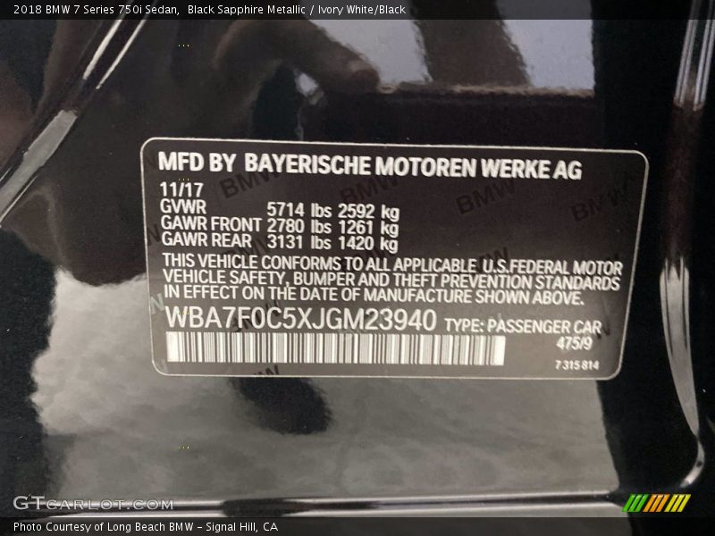 2018 7 Series 750i Sedan Black Sapphire Metallic Color Code 475