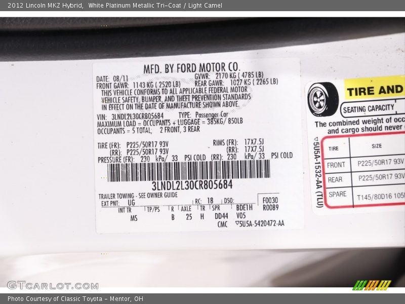 White Platinum Metallic Tri-Coat / Light Camel 2012 Lincoln MKZ Hybrid