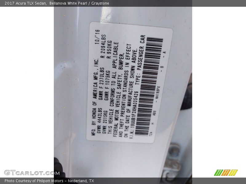 Bellanova White Pearl / Graystone 2017 Acura TLX Sedan