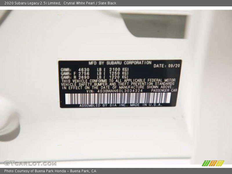 Crystal White Pearl / Slate Black 2020 Subaru Legacy 2.5i Limited