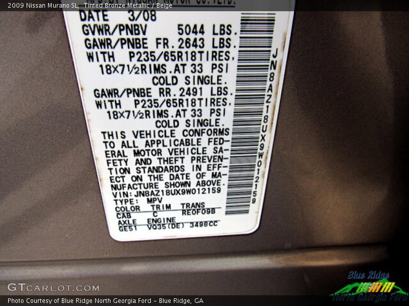 Tinted Bronze Metallic / Beige 2009 Nissan Murano SL