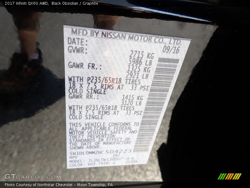 2017 QX60 AWD Black Obsidian Color Code KH3