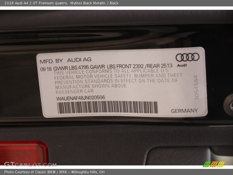 Mythos Black Metallic / Black 2018 Audi A4 2.0T Premium quattro