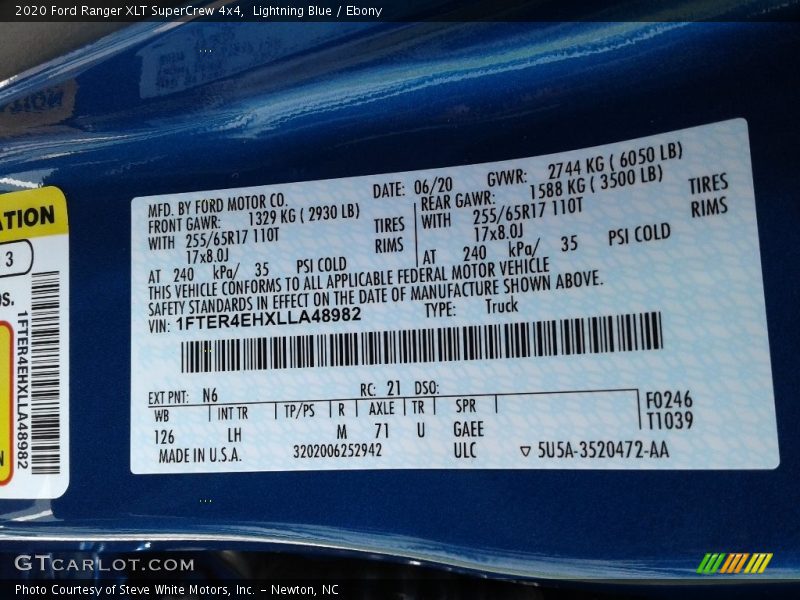 2020 Ranger XLT SuperCrew 4x4 Lightning Blue Color Code N6