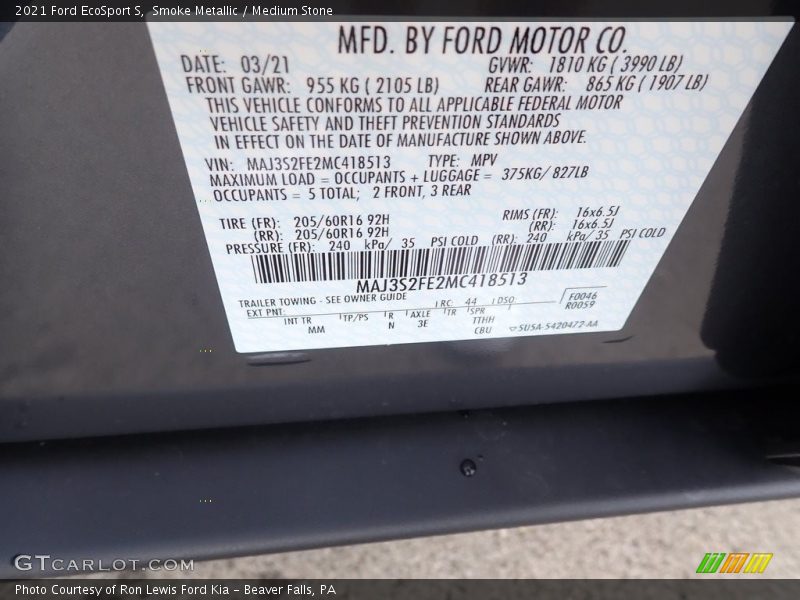 Smoke Metallic / Medium Stone 2021 Ford EcoSport S