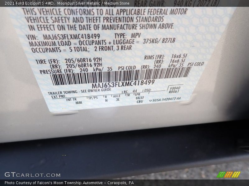 Moondust Silver Metallic / Medium Stone 2021 Ford EcoSport S 4WD