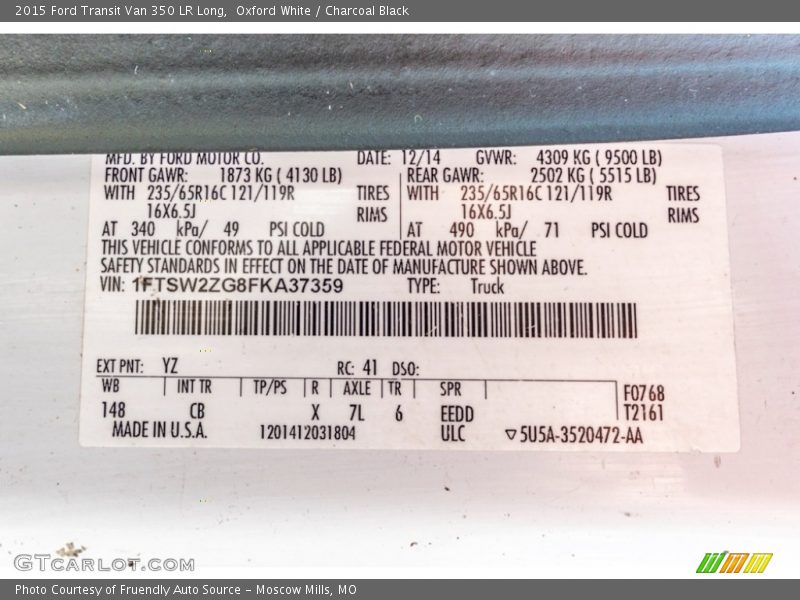Oxford White / Charcoal Black 2015 Ford Transit Van 350 LR Long