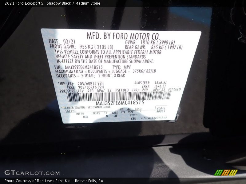 Shadow Black / Medium Stone 2021 Ford EcoSport S