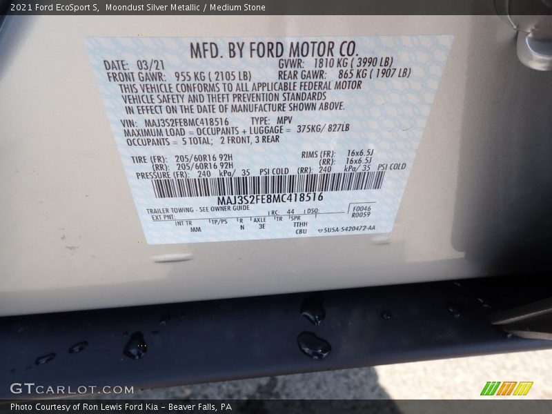 Moondust Silver Metallic / Medium Stone 2021 Ford EcoSport S