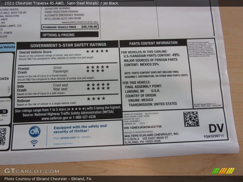 Satin Steel Metallic / Jet Black 2021 Chevrolet Traverse RS AWD