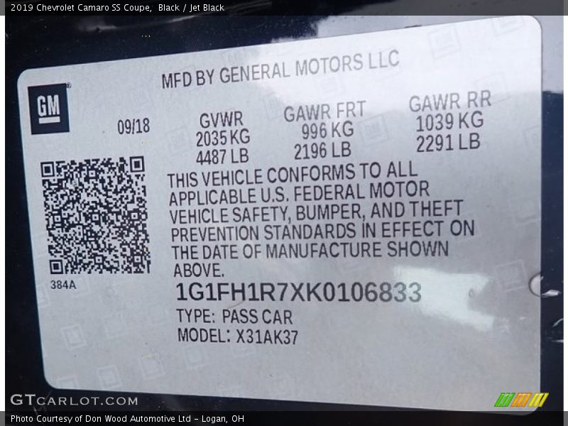 Black / Jet Black 2019 Chevrolet Camaro SS Coupe