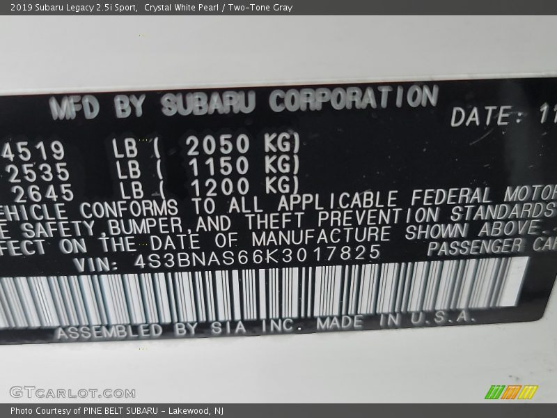 Crystal White Pearl / Two-Tone Gray 2019 Subaru Legacy 2.5i Sport