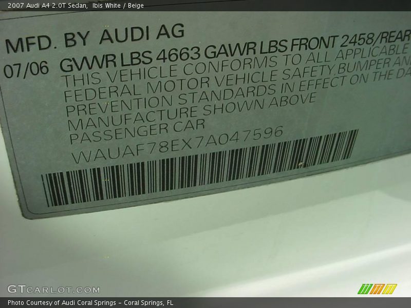 Ibis White / Beige 2007 Audi A4 2.0T Sedan