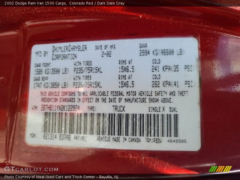 2002 Ram Van 1500 Cargo Colorado Red Color Code PE1