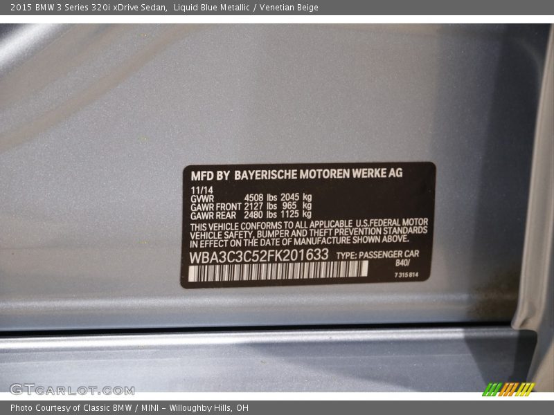 Liquid Blue Metallic / Venetian Beige 2015 BMW 3 Series 320i xDrive Sedan