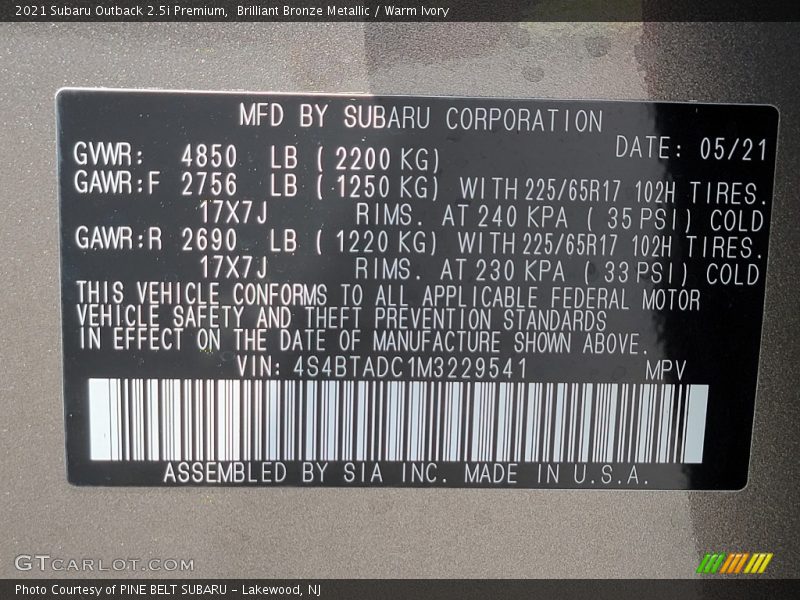 Brilliant Bronze Metallic / Warm Ivory 2021 Subaru Outback 2.5i Premium