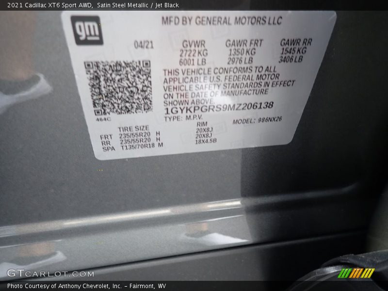 Satin Steel Metallic / Jet Black 2021 Cadillac XT6 Sport AWD