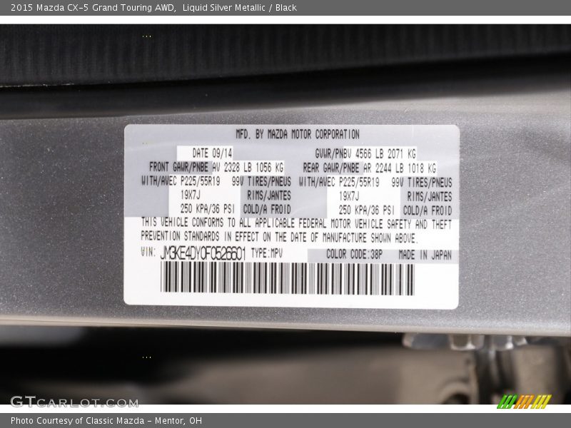 2015 CX-5 Grand Touring AWD Liquid Silver Metallic Color Code 38P