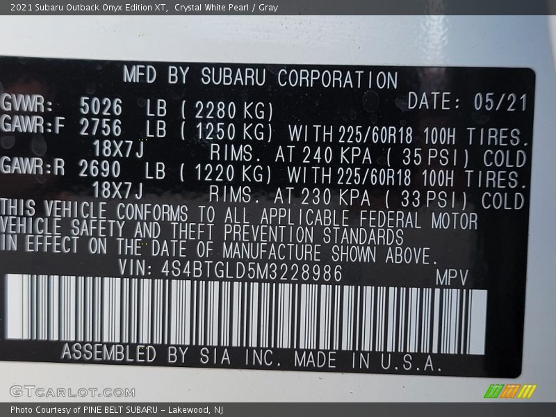 Crystal White Pearl / Gray 2021 Subaru Outback Onyx Edition XT