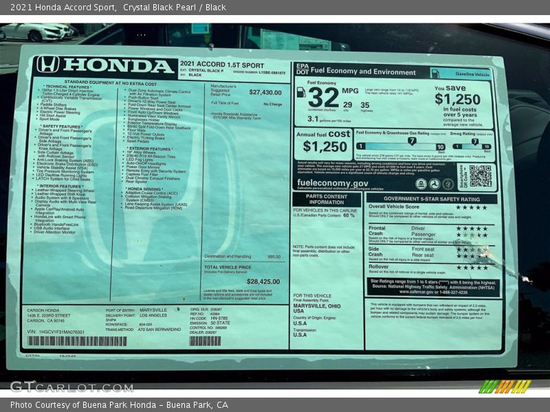  2021 Accord Sport Window Sticker