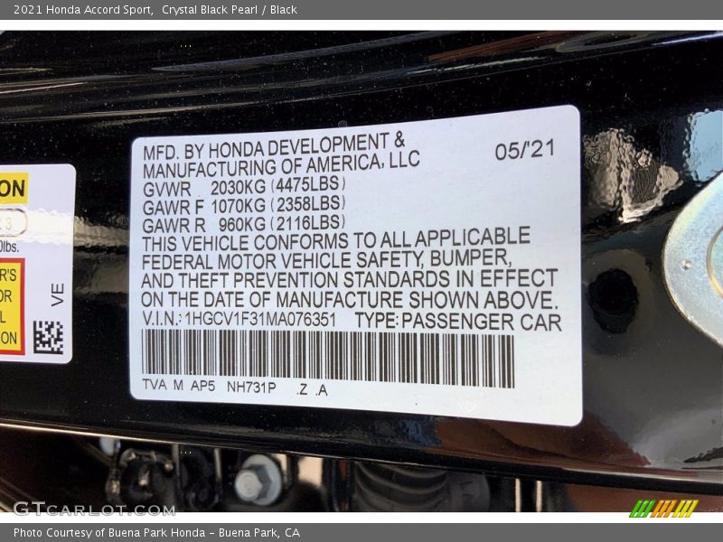 2021 Accord Sport Crystal Black Pearl Color Code NH731P