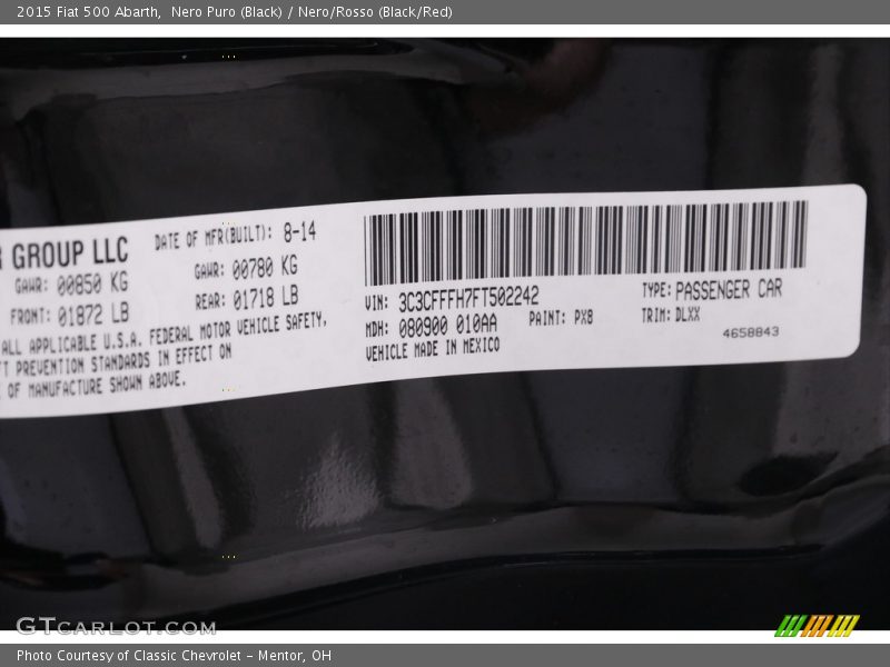 2015 500 Abarth Nero Puro (Black) Color Code PX8