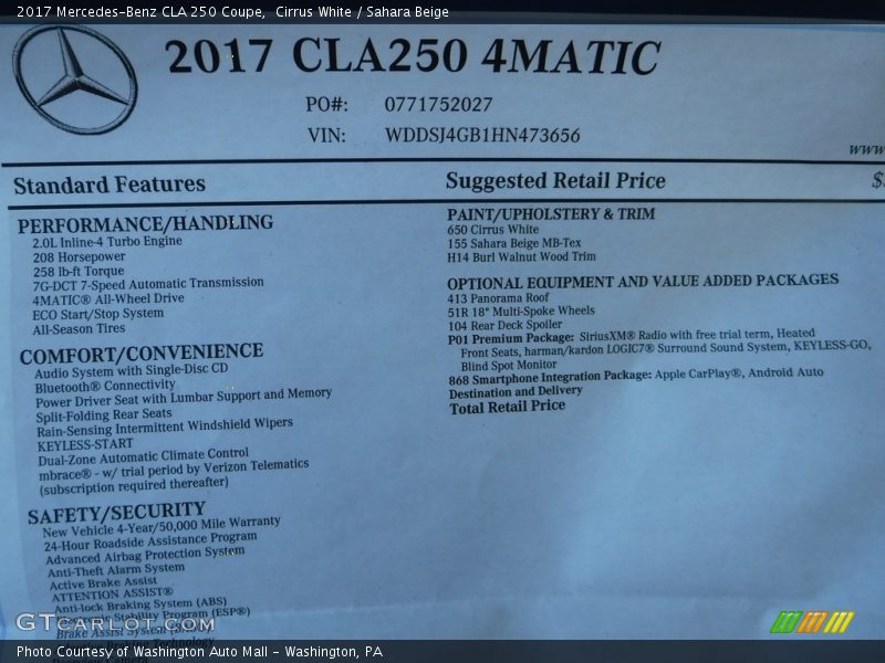  2017 CLA 250 Coupe Window Sticker