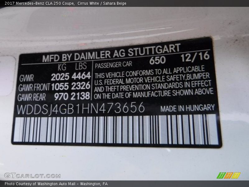 2017 CLA 250 Coupe Cirrus White Color Code 650