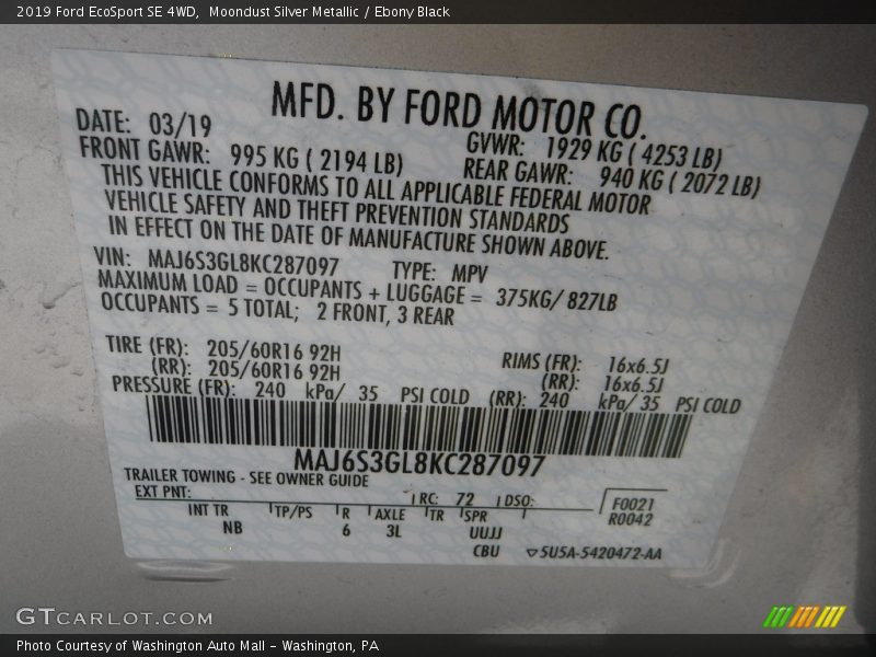 Moondust Silver Metallic / Ebony Black 2019 Ford EcoSport SE 4WD