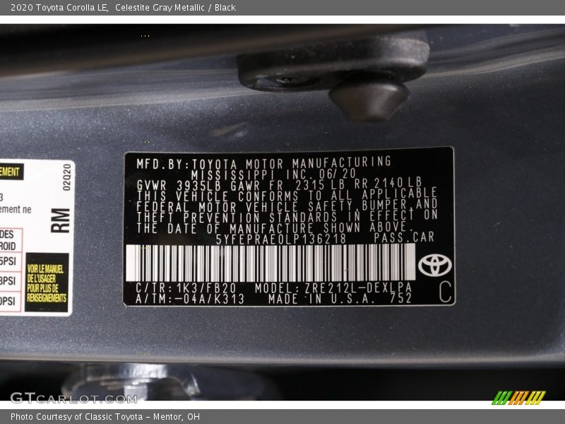 2020 Corolla LE Celestite Gray Metallic Color Code 1K3