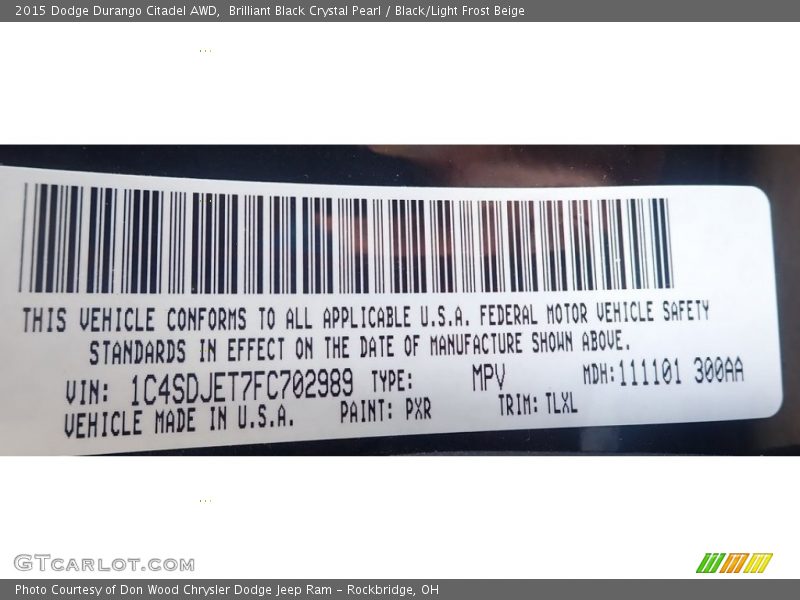 Brilliant Black Crystal Pearl / Black/Light Frost Beige 2015 Dodge Durango Citadel AWD