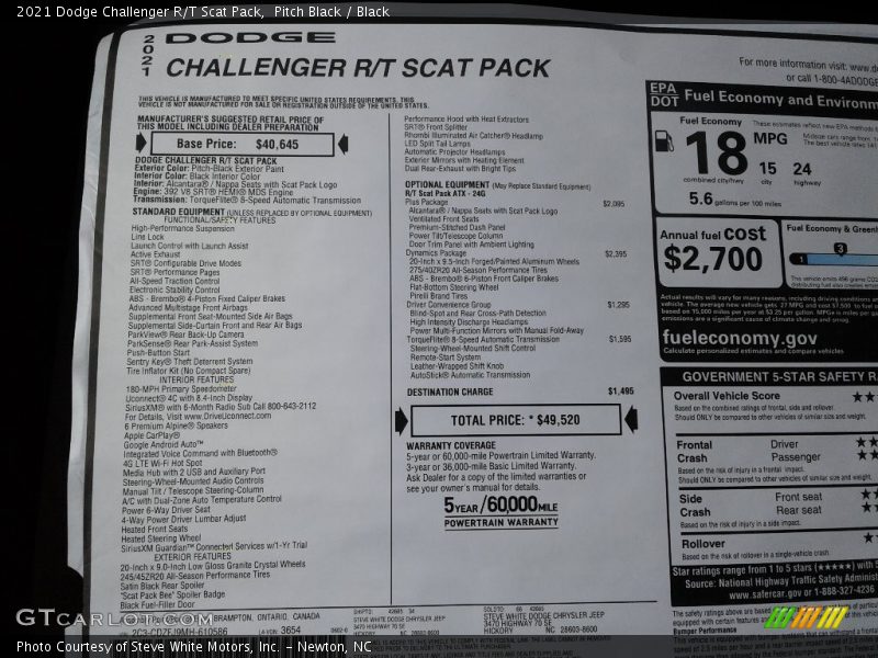  2021 Challenger R/T Scat Pack Window Sticker