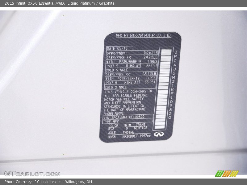 2019 QX50 Essential AWD Liquid Platinum Color Code K23