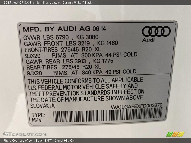 Cararra White / Black 2015 Audi Q7 3.0 Premium Plus quattro